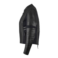 Side profile of black MotoGirl Amelia women's motorcycle jacket showing quilted shoulders and sleeves, stretch panels and zippered pockets.