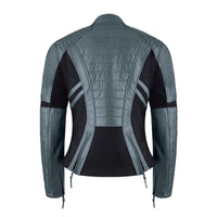 Rear view of grey MotoGirl Amelia women's motorcycle jacket with quilted leather detailing, black stretch panels and adjustable waist zippers.