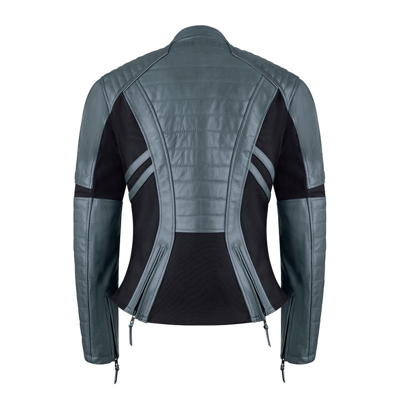 Rear view of grey MotoGirl Amelia women's motorcycle jacket with quilted leather detailing, black stretch panels and adjustable waist zippers.