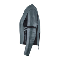 Side view of grey MotoGirl Amelia women's motorcycle jacket featuring quilted leather sleeves, black stretch panels and fitted styling.