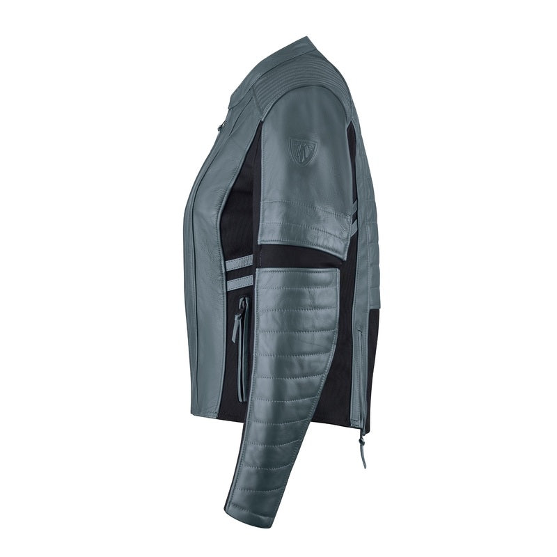 Side view of grey MotoGirl Amelia women's motorcycle jacket featuring quilted leather sleeves, black stretch panels and fitted styling.