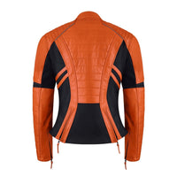 Rear view of orange MotoGirl Amelia women's motorcycle jacket with quilted leather panels, contrasting black stretch inserts and adjustable waist zippers.