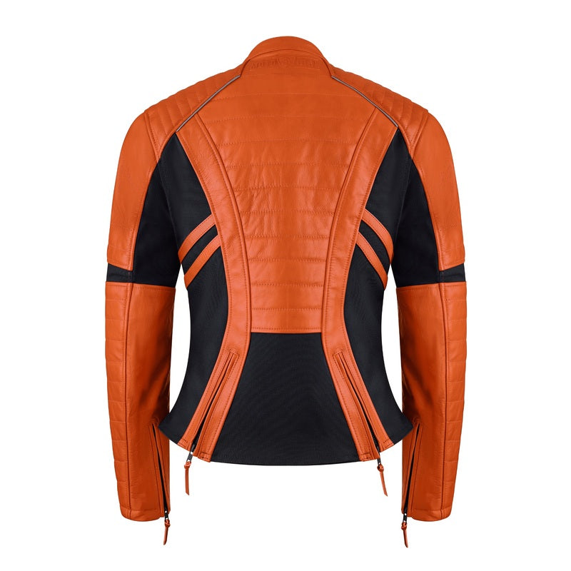 Rear view of orange MotoGirl Amelia women's motorcycle jacket with quilted leather panels, contrasting black stretch inserts and adjustable waist zippers.