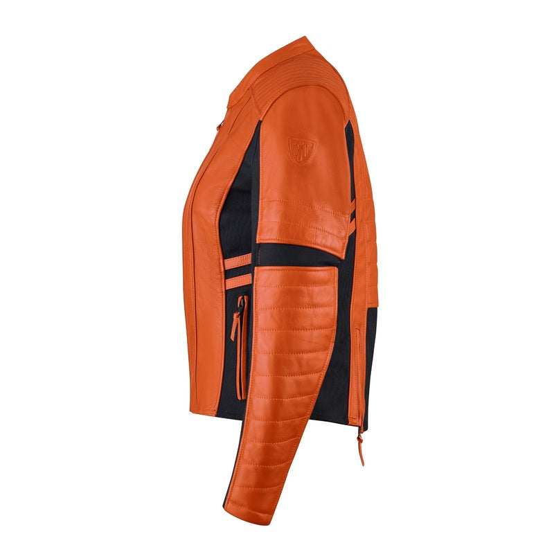 Side view of orange MotoGirl Amelia women's motorcycle jacket featuring quilted shoulders, fitted waist, black stretch panels and zippered pocket.