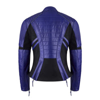 Rear view of purple MotoGirl Amelia women's motorcycle jacket featuring quilted leather panels, black stretch inserts and waist adjustment zippers.