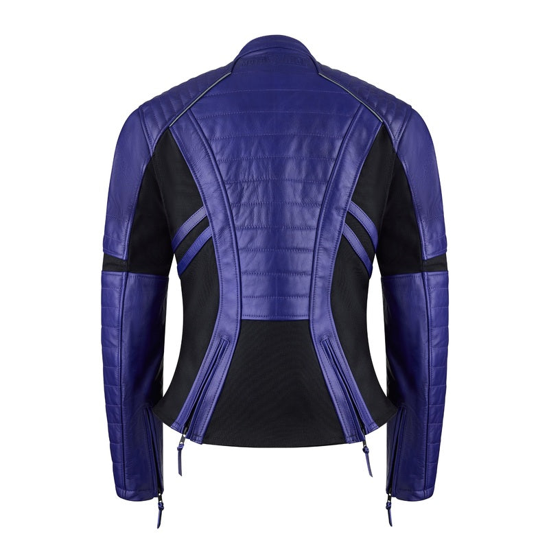 Rear view of purple MotoGirl Amelia women's motorcycle jacket featuring quilted leather panels, black stretch inserts and waist adjustment zippers.