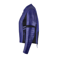 Side profile of purple MotoGirl Amelia women's motorcycle jacket showing quilted shoulder and sleeve details, black stretch panels and zippered pocket.