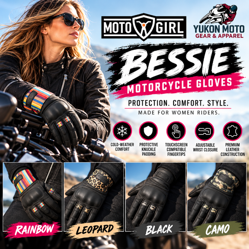 MotoGirl Bessie women's motorcycle gloves in Rainbow, Leopard, Black and Camo designs, featuring protective knuckle padding and adjustable wrist closures. Available at Yukon Moto Gear & Apparel.