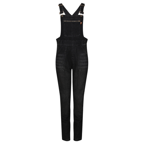 MotoGirl Daisy women's black motorcycle denim dungarees featuring adjustable shoulder straps, zippered chest pocket, front utility pockets and full-length legs, shown from the front on a white background.