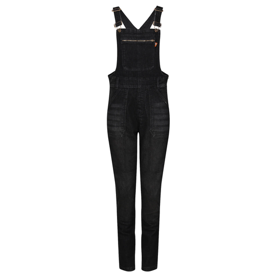 MotoGirl Daisy women's black motorcycle denim dungarees featuring adjustable shoulder straps, zippered chest pocket, front utility pockets and full-length legs, shown from the front on a white background.