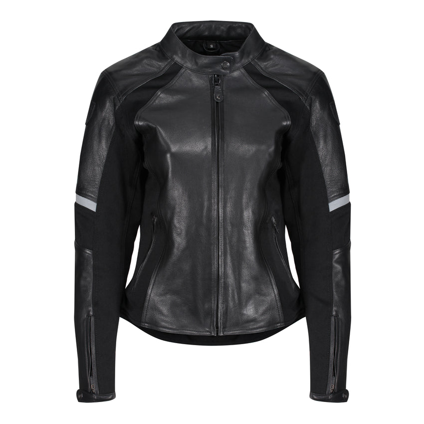 MotoGirl Black FIONA Leather Motorcycle Jacket on a white background