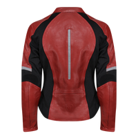 MotoGirl Red FIONA Leather Motorcycle Jacket backside on a white background