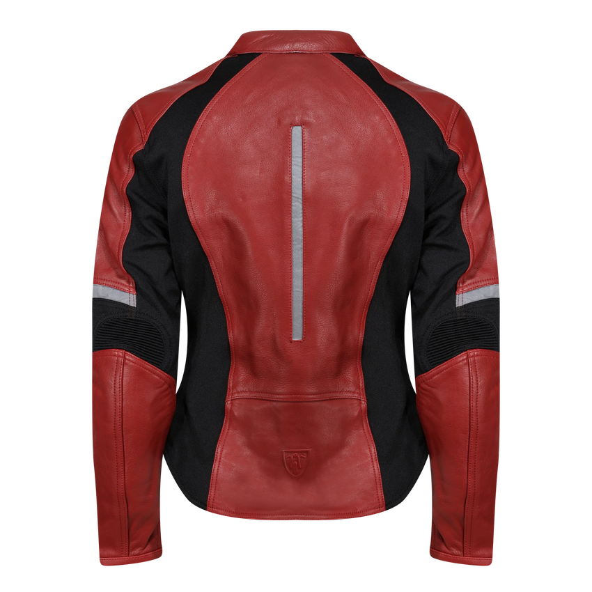 MotoGirl Red FIONA Leather Motorcycle Jacket backside on a white background