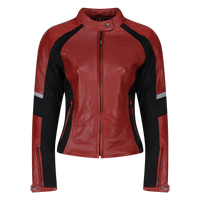 MotoGirl red FIONA Leather Motorcycle Jacket with black and grey accents on a white background