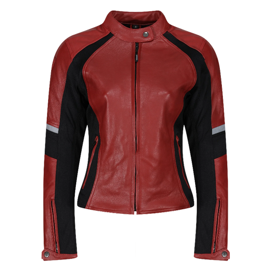 MotoGirl red FIONA Leather Motorcycle Jacket with black and grey accents on a white background