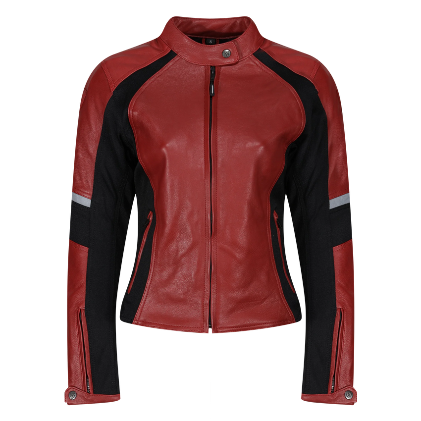 MotoGirl red FIONA Leather Motorcycle Jacket with black and grey accents on a white background