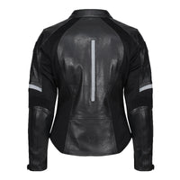 Back view of the MotoGirl FIONA black leather motorcycle jacket featuring a tailored fit, vertical reflective strip, reflective sleeve accents, reinforced elbow panels and contoured leather detailing.