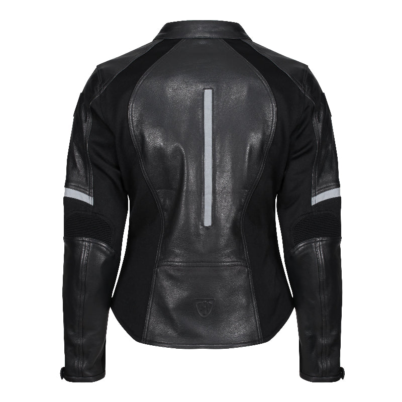 Back view of the MotoGirl FIONA black leather motorcycle jacket featuring a tailored fit, vertical reflective strip, reflective sleeve accents, reinforced elbow panels and contoured leather detailing.