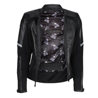 Front view of the MotoGirl FIONA black leather motorcycle jacket unzipped, showing motorcycle-print interior lining, zippered inner pockets, reflective sleeve accents and fitted design.