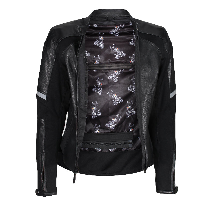 Front view of the MotoGirl FIONA black leather motorcycle jacket unzipped, showing motorcycle-print interior lining, zippered inner pockets, reflective sleeve accents and fitted design.