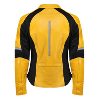 Back view of the MotoGirl FIONA yellow and black leather motorcycle jacket featuring a tailored fit, vertical reflective strip, reflective sleeve accents, reinforced elbow panels and contoured leather detailing.
