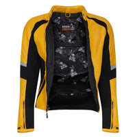 Front view of the MotoGirl FIONA yellow and black leather motorcycle jacket unzipped, showing motorcycle-print interior lining, zippered pockets, reflective sleeve accents and fitted design.