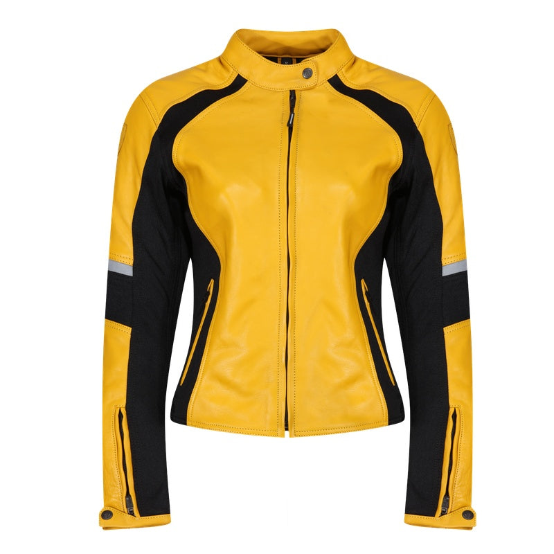 Front view of the MotoGirl FIONA yellow and black women's leather motorcycle jacket featuring a fitted design, full-length front zipper, zippered pockets, reflective sleeve accents and adjustable zippered cuffs.
