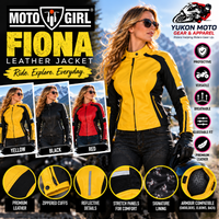 MotoGirl FIONA women's leather motorcycle jacket promotional ad featuring Yellow, Black and Red colour options, premium leather, zippered cuffs, reflective details, stretch panels and armour compatibility. Available at Yukon Moto Gear & Apparel.