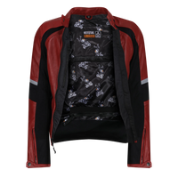 Motogirl branded red leather motorcycle jacket with black lining and motorcycle print on a white background