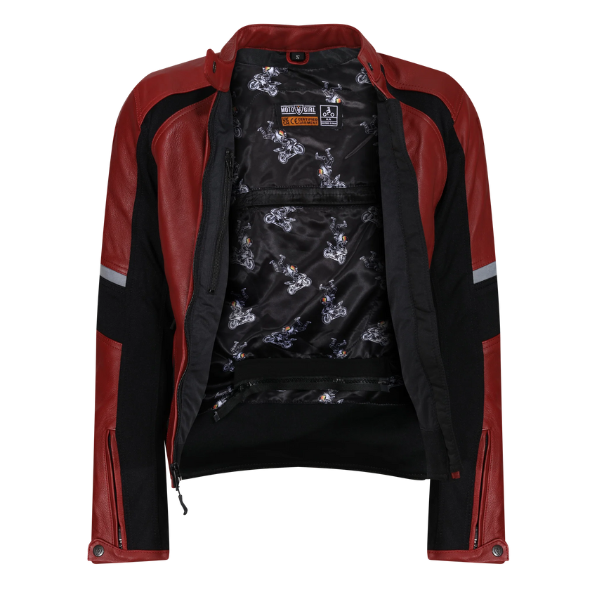 Motogirl branded red leather motorcycle jacket with black lining and motorcycle print on a white background