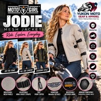 MotoGirl Jodie women's mesh motorcycle jacket promotional graphic featuring beige, black and olive colour options, breathable mesh panels, adjustable fit straps, protective armour and versatile riding style.
