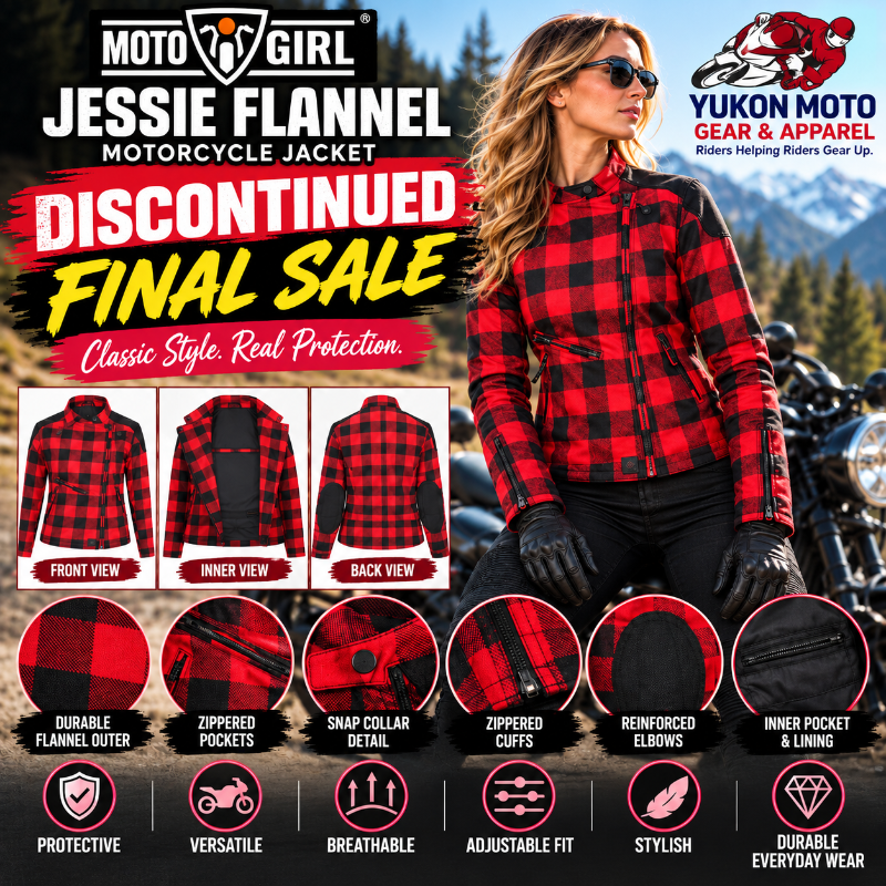 MotoGirl Jessie Flannel women's motorcycle jacket in red and black plaid, featured in a discontinued final sale ad by Yukon Moto Gear & Apparel. Includes a female rider modelling the jacket, front and back views, and close-ups of pockets, zippers, collar and protective details.