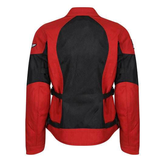 A red and black MotoGirl JODIE motorcycle jacket with mesh panels, adjustment buckles, and protective armor.