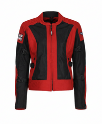 A red and black MotoGirl JODIE motorcycle jacket with mesh panels, adjustment buckles, and protective armor.