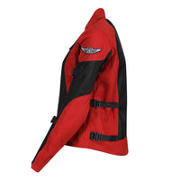A red and black MotoGirl JODIE motorcycle jacket with mesh panels, adjustment buckles, and protective armor.