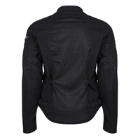 Rear view of MotoGirl Jodie women's black motorcycle jacket featuring a large breathable mesh back panel, adjustable waist straps and fitted design.