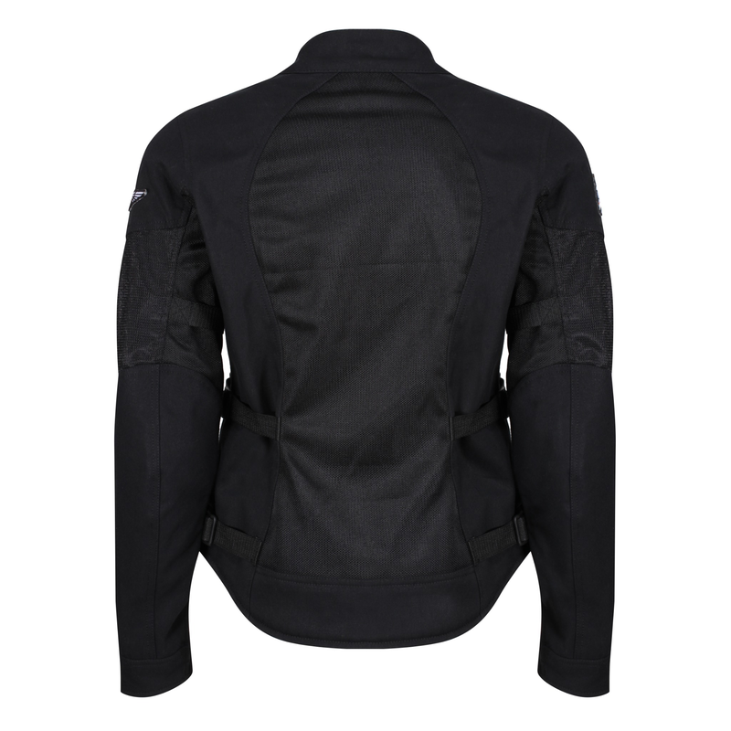 Rear view of MotoGirl Jodie women's black motorcycle jacket featuring a large breathable mesh back panel, adjustable waist straps and fitted design.