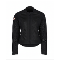 MotoGirl Jodie women's black mesh motorcycle jacket featuring breathable mesh panels, full-length front zipper, adjustable arm straps and a fitted silhouette, shown from the front.