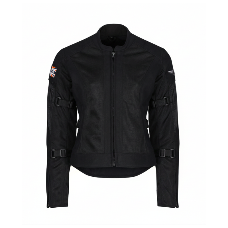 MotoGirl Jodie women's black mesh motorcycle jacket featuring breathable mesh panels, full-length front zipper, adjustable arm straps and a fitted silhouette, shown from the front.