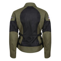 Rear view of MotoGirl Jodie women's black and khaki motorcycle jacket featuring a large black mesh ventilation panel, khaki fabric sections and adjustable waist straps.