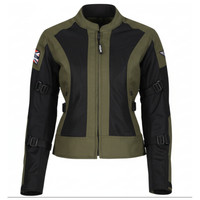 MotoGirl Jodie women's black and khaki mesh motorcycle jacket featuring breathable mesh panels, front zipper, adjustable arm straps and fitted waist, shown from the front.