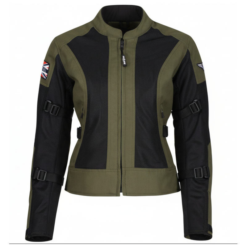 MotoGirl Jodie women's black and khaki mesh motorcycle jacket featuring breathable mesh panels, front zipper, adjustable arm straps and fitted waist, shown from the front.
