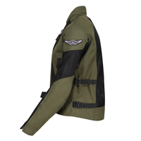 Side view of MotoGirl Jodie women's black and khaki motorcycle jacket featuring breathable mesh panels, adjustable waist straps, zippered cuff and embroidered sleeve logo.