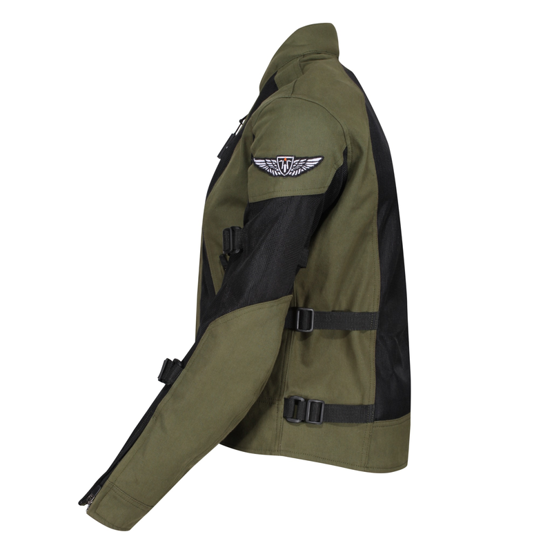 Side view of MotoGirl Jodie women's black and khaki motorcycle jacket featuring breathable mesh panels, adjustable waist straps, zippered cuff and embroidered sleeve logo.