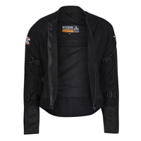MotoGirl Jodie women's black mesh motorcycle jacket shown unzipped, revealing breathable interior mesh lining, CE certification label and adjustable sleeve straps.
