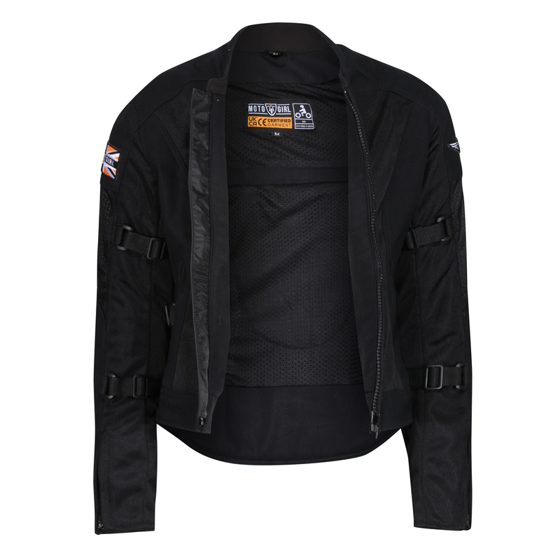 MotoGirl Jodie women's black mesh motorcycle jacket shown unzipped, revealing breathable interior mesh lining, CE certification label and adjustable sleeve straps.