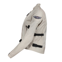 Side profile of MotoGirl Jodie women's natural beige mesh motorcycle jacket featuring embroidered sleeve logo, adjustable black waist straps and zippered cuff.