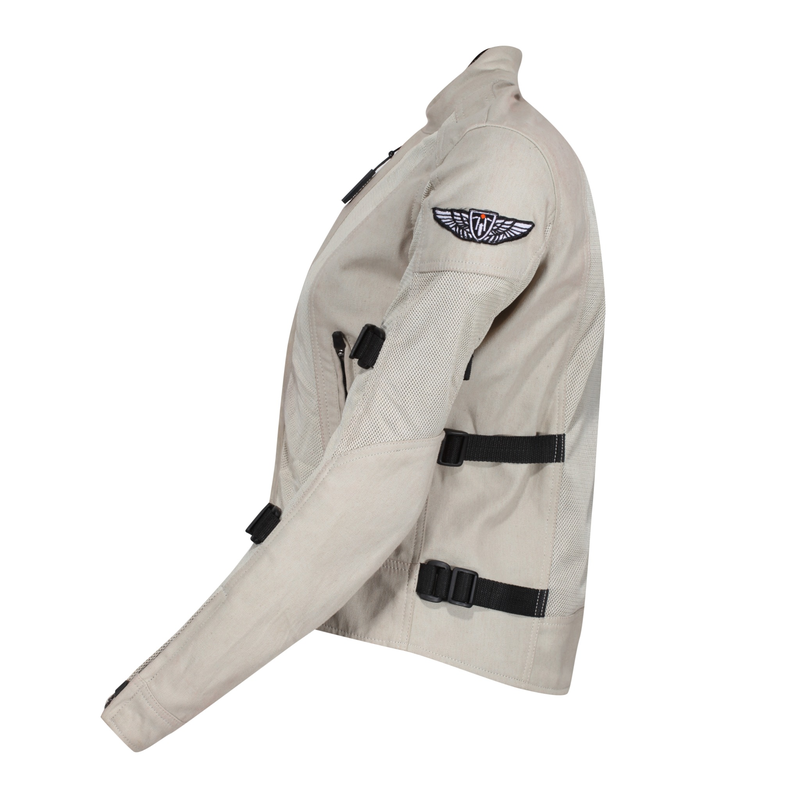 Side profile of MotoGirl Jodie women's natural beige mesh motorcycle jacket featuring embroidered sleeve logo, adjustable black waist straps and zippered cuff.