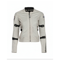 MotoGirl Jodie women's natural beige mesh motorcycle jacket, front view, featuring breathable mesh panels, full-length front zipper, adjustable black arm straps and zippered cuffs.