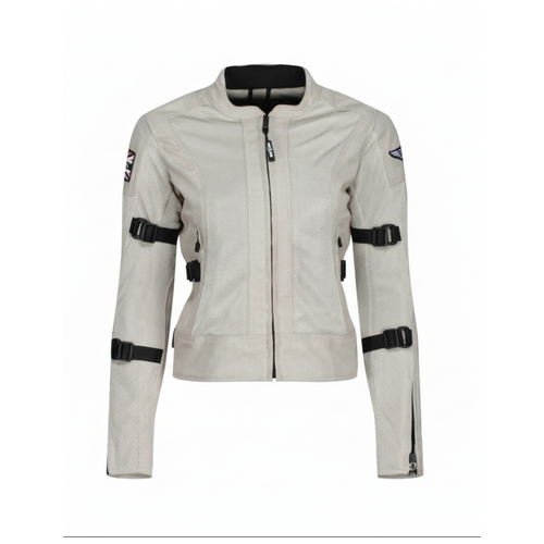 MotoGirl Jodie women's natural beige mesh motorcycle jacket, front view, featuring breathable mesh panels, full-length front zipper, adjustable black arm straps and zippered cuffs.